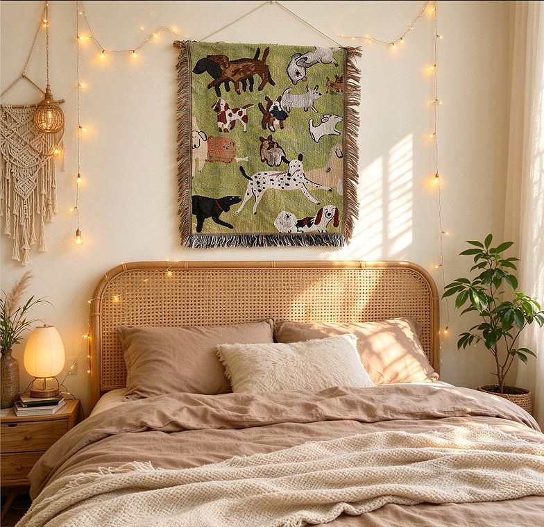 DETUM Cute Multi Dogs Jacquard Woven Wall Hanging Tapestry with Fringe, Cartoon Puppy Green Background Wall Art Decor for Bedroom Living Room Dorm