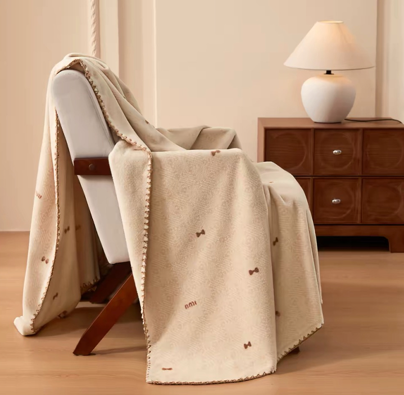 Goideal Milk Coffee Wool Throw Blanket with Cute Bow Prints, Soft Cozy Wool Blanket with Decorative Whipstitch Edge for Bed, Sofa, Couch, Living Room & Bedroom Decor