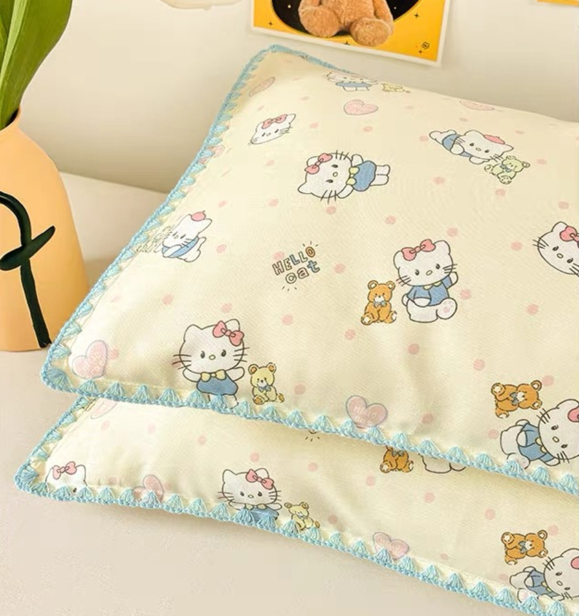 Foxmas Cute Cartoon Print Pillowcase, Soft Breathable Pillow Cover with Blue Crochet Scalloped Edge, Kawaii Decorative Pillow Case for Bedroom,12x20 Inches