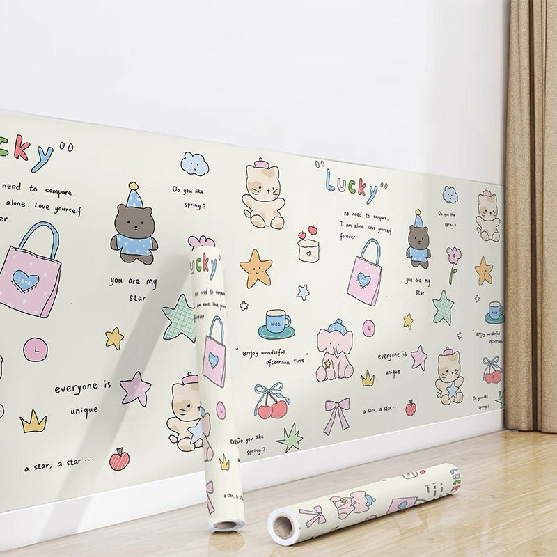 Foxmas Self Adhesive Wallpaper, Cute Cartoon Bear Elephant Cat Peel and Stick Wallpaper, Removable Pastel Animal Wall Mural for Kids Nursery Bedroom Wall Decor, Waterproof Wall Covering