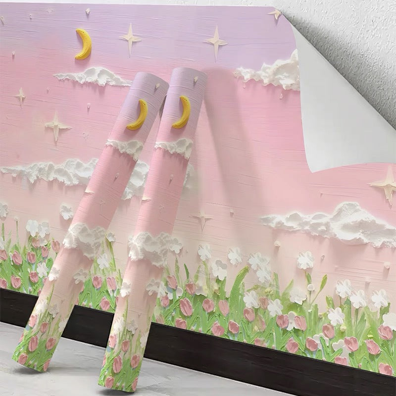 Goideal Peel and Stick Wallpaper, 3D Oil Painting Pink Purple Sky Moon Star Cloud Tulip Floral Self Adhesive Wall Mural, Removable Pastel Landscape Wall Covering for Girls Bedroom Nursery Decor