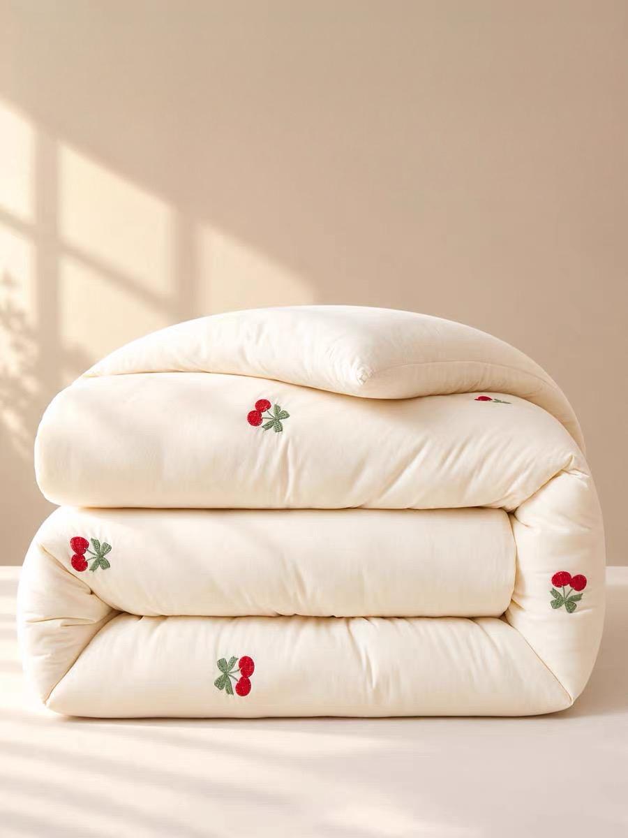Foxmas Cute Cherry Embroidered Comforter, Soft Lightweight Fluffy Bedding Comforter, Cream White Solid Quilt for Bedroom All Season Use