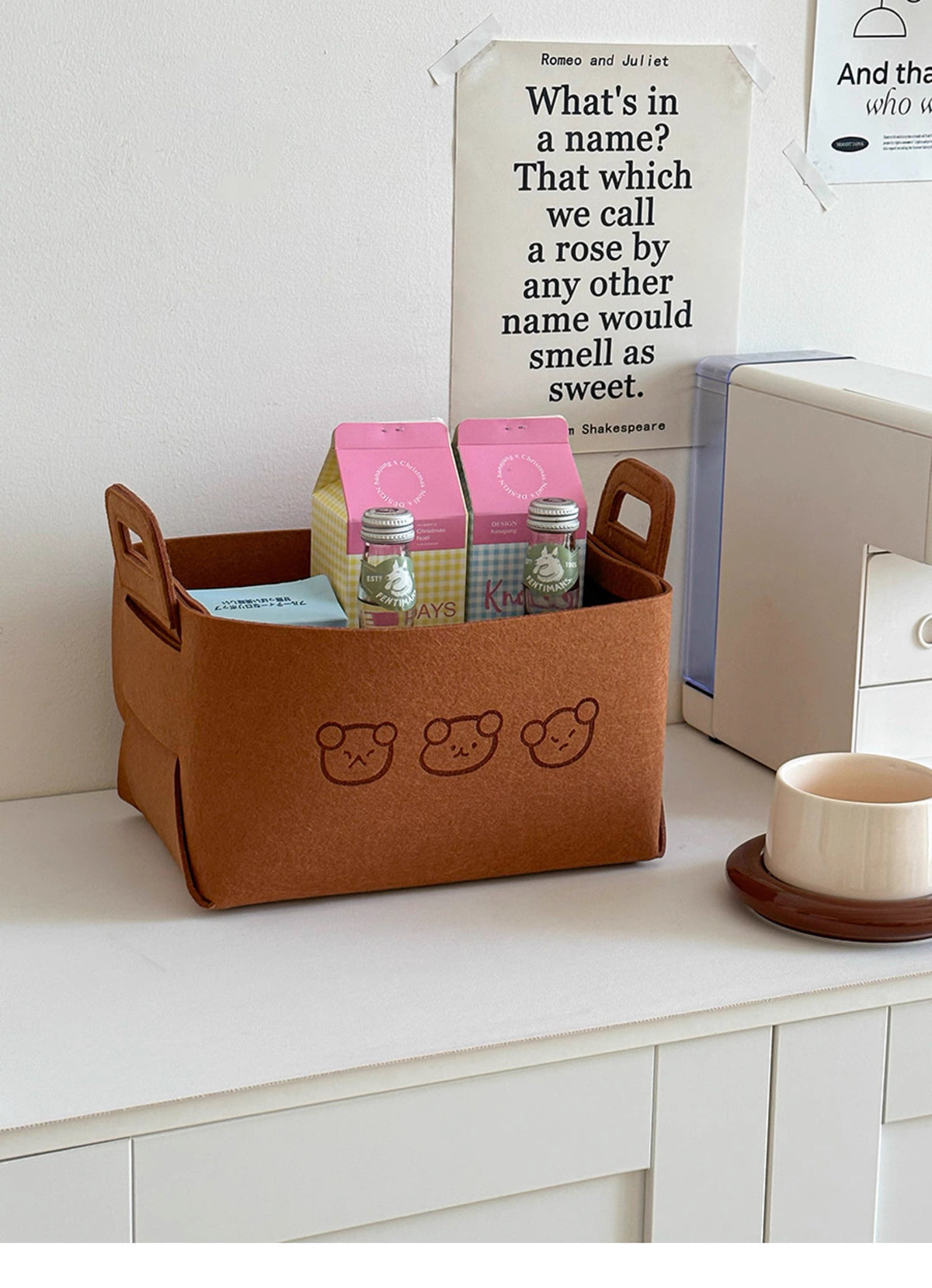 Goideal Cute Cartoon Bear Felt Storage Bin with Handles, Foldable Felt Storage Basket, Decorative Organizer for Desktop, Bedroom, Dorm, Shelf