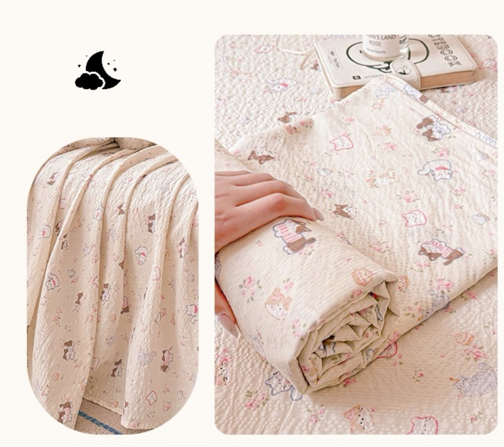 Foxmas Cute Kitten Floral Crinkle Texture Flat Sheet, Soft Breathable Top Bed Sheet with Cartoon Cat & Flower Print for Bedroom Dorm