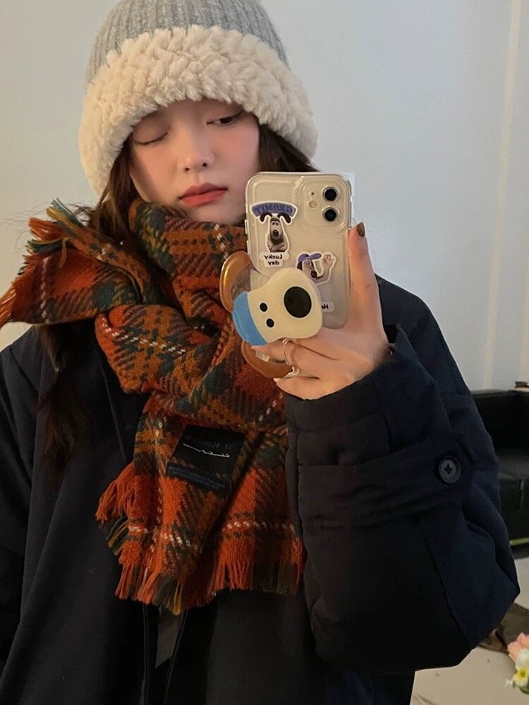 ST. BRIDGE Chunky Winter Scarfs for Women Cold Weather Warm Knit Thick Plaid Scarf Long Large Oversized Checked Scarves