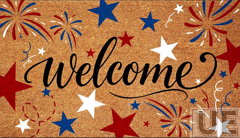 Colorful ribbons, stars, fireworks, welcome