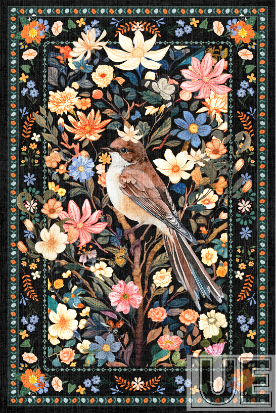 Sparrow among flowers black