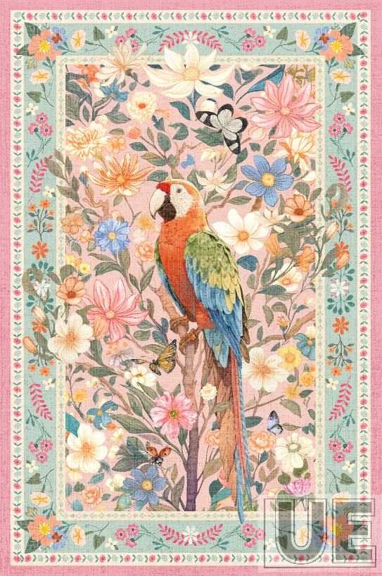 Sparrow among flowers pink