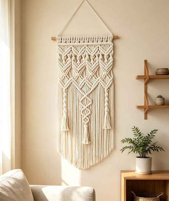Foxmas Macrame Wall Hanging, Boho Woven Tapestry with Tassels, Handmade Cotton Wall Art Decor for Bedroom Living Room Apartment Nursery, Beige Bohemian Home Decoration