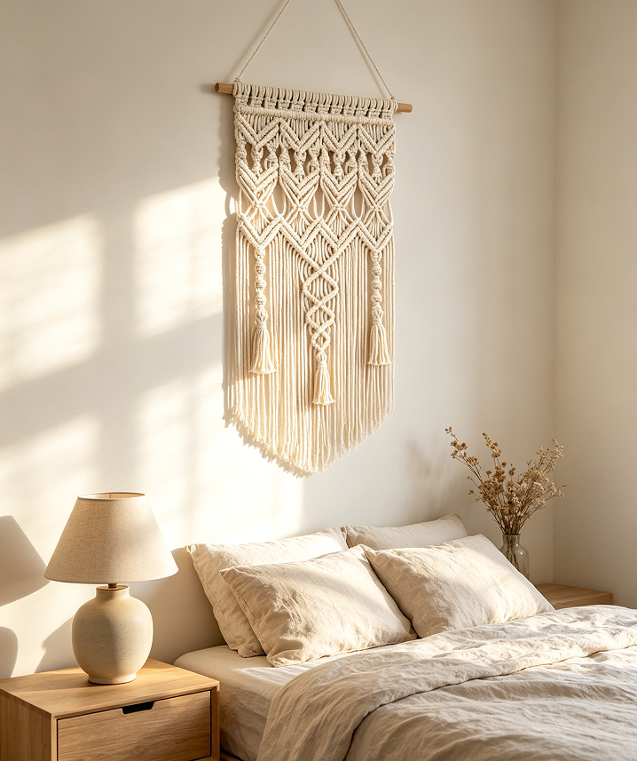 Rostyle Macrame Wall Hanging, Boho Woven Tapestry with Tassels, Handmade Cotton Wall Art Decor for Bedroom Living Room Apartment Nursery, Beige Bohemian Home Decoration