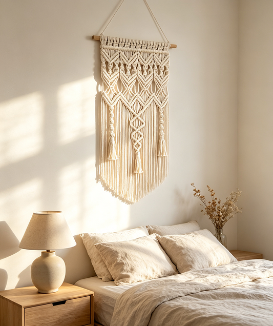 Toneed Macrame Wall Hanging, Boho Woven Tapestry with Tassels, Handmade Cotton Wall Art Decor for Bedroom Living Room Apartment Nursery, Beige Bohemian Home Decoration