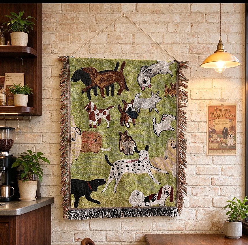 DETUM Cute Multi Dogs Jacquard Woven Wall Hanging Tapestry with Fringe, Cartoon Puppy Green Background Wall Art Decor for Bedroom Living Room Dorm