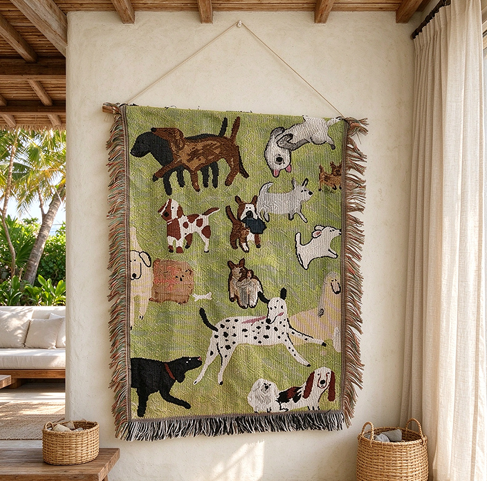 DETUM Cute Multi Dogs Jacquard Woven Wall Hanging Tapestry with Fringe, Cartoon Puppy Green Background Wall Art Decor for Bedroom Living Room Dorm