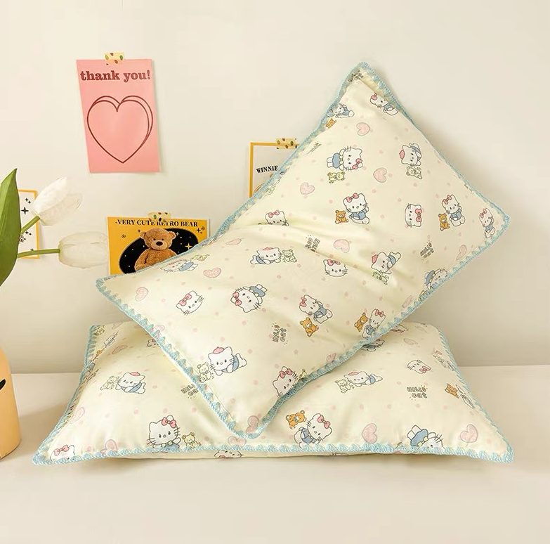 Foxmas  Cute Cartoon Print Pillowcase, Soft Breathable Pillow Cover with Blue Crochet Scalloped Edge, Kawaii Decorative Pillow Case for Bedroom,12x20 Inches