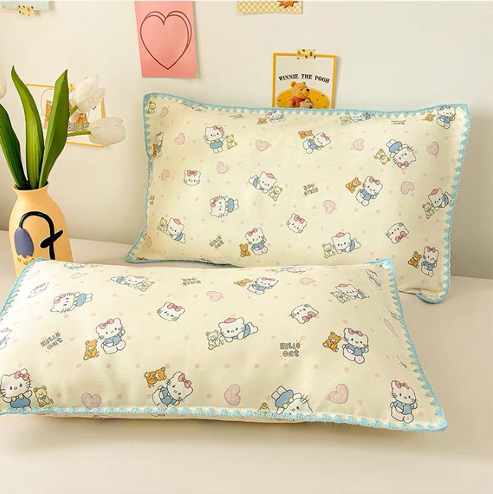 Foxmas  Cute Cartoon Print Pillowcase, Soft Breathable Pillow Cover with Blue Crochet Scalloped Edge, Kawaii Decorative Pillow Case for Bedroom,12x20 Inches