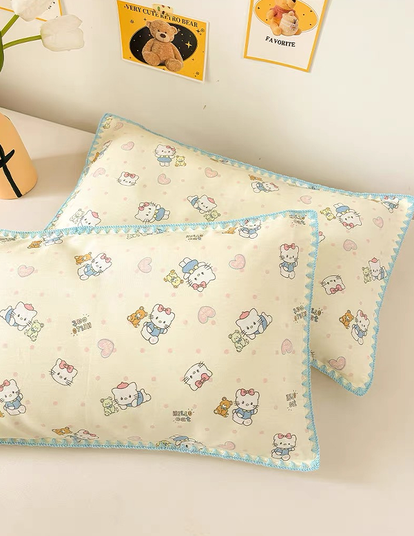 Foxmas  Cute Cartoon Print Pillowcase, Soft Breathable Pillow Cover with Blue Crochet Scalloped Edge, Kawaii Decorative Pillow Case for Bedroom,12x20 Inches