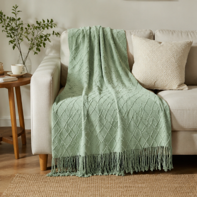 Comeet Sage Green Throw Blanket, Soft Lightweight Diamond Woven Blanket with Tassels, Decorative Boho Throw for Couch, Bed, Living Room, All Season Cozy Blanket for Home & Gifts