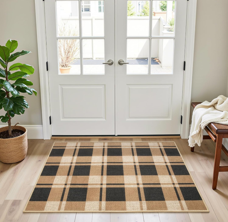 Comeet Small Checkered Entry Rug, 2x3 Jute Rug Front Door Mat, Washable Non Slip Area Rug,Farmhouse Design Neutral Geometric Low Pile Rugs for Floor Carpet Entryway Porch Doorway, Black and Brown