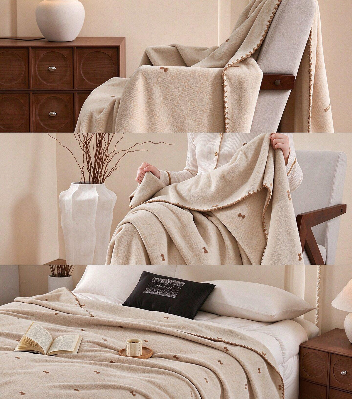 DETUM  Milk Coffee Wool Throw Blanket with Cute Bow Prints, Soft Cozy Wool Blanket with Decorative Whipstitch Edge for Bed, Sofa, Couch, Living Room & Bedroom Decor