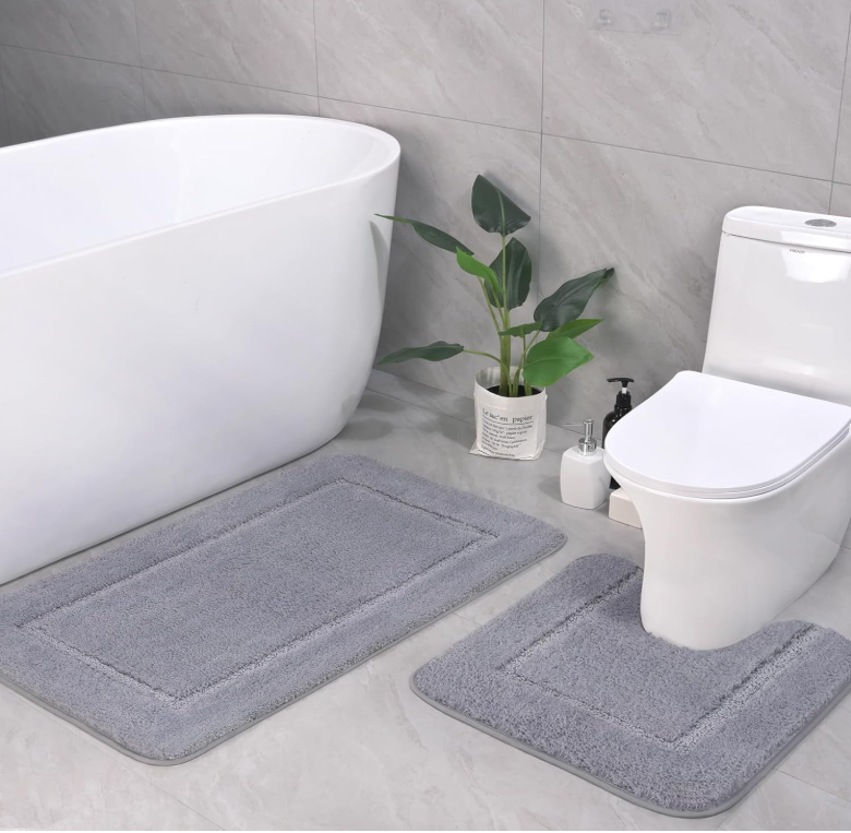 Wondo Bathroom Rug Set 2 Piece, 20"x20" & 34"x21", Light Grey Non Slip U-Shaped Toilet Rugs Set, Soft Microfiber Bath Mat, Absorbent Washable Quickly Dry