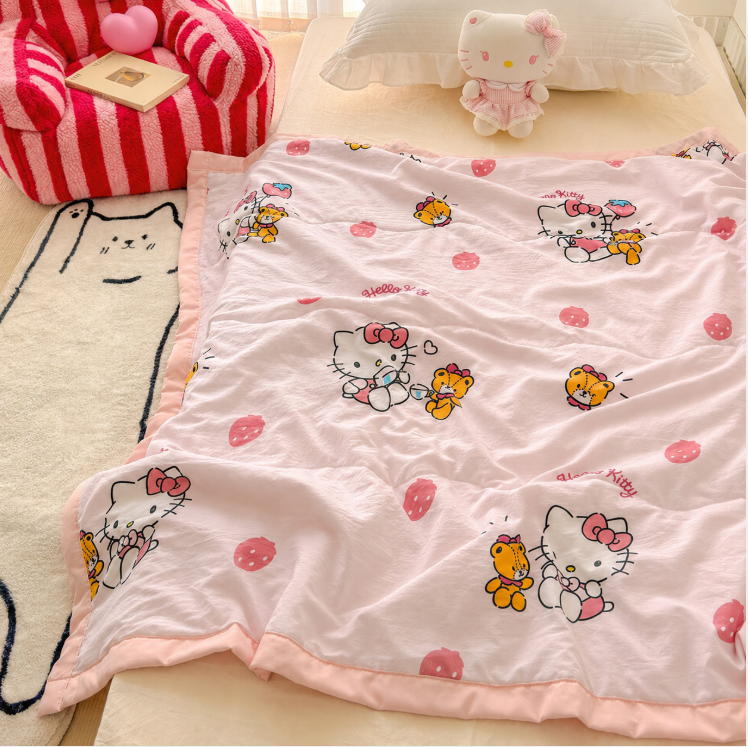 Goideal Hello Kitty Summer Cooling Comforter, Lightweight Breathable Air Conditioner Quilt, Soft Washed Microfiber Bed Blanket, Cute Strawberry Print Kids Comforter, Pink Thin Quilt for Bedroom Couch Napping, Machine Washable