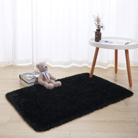 YOH  Super Soft Fluffy Rug for Bedroom, Modern Shaggy Fuzzy Kids Rugs for Living Room, Plush Indoor Nursery Home Decor Dorm Carpet with Non-Slip Bottom, Black, 2 X 3 Feet