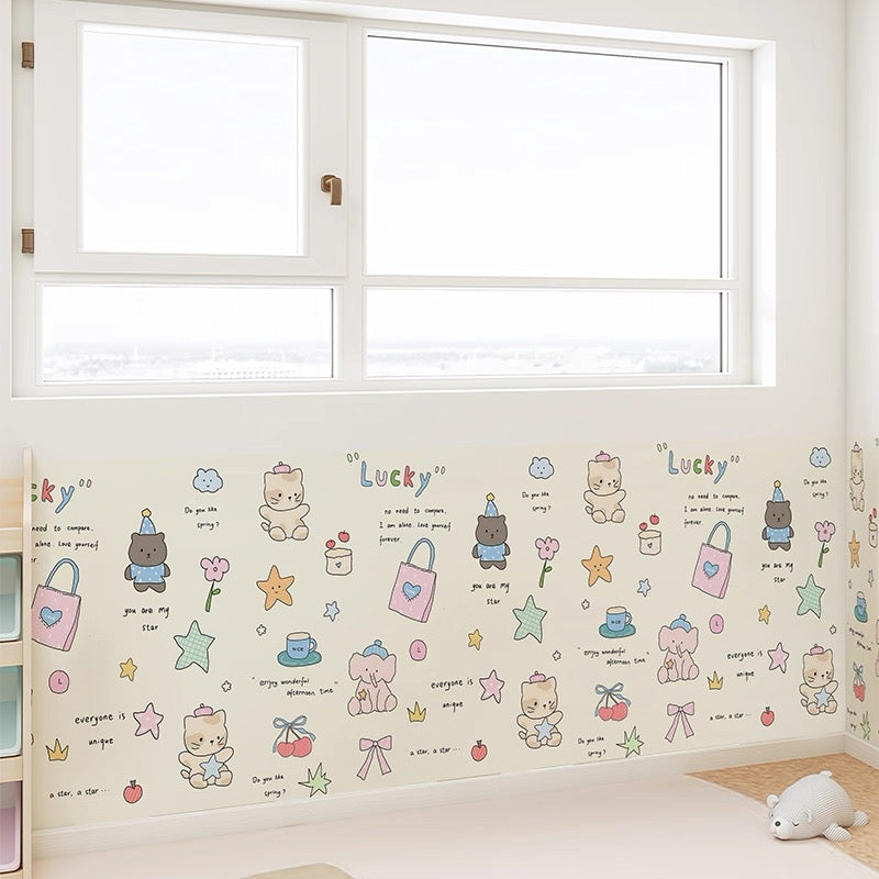 Foxmas  Self Adhesive Wallpaper, Cute Cartoon Bear Elephant Cat Peel and Stick Wallpaper, Removable Pastel Animal Wall Mural for Kids Nursery Bedroom Wall Decor, Waterproof Wall Covering