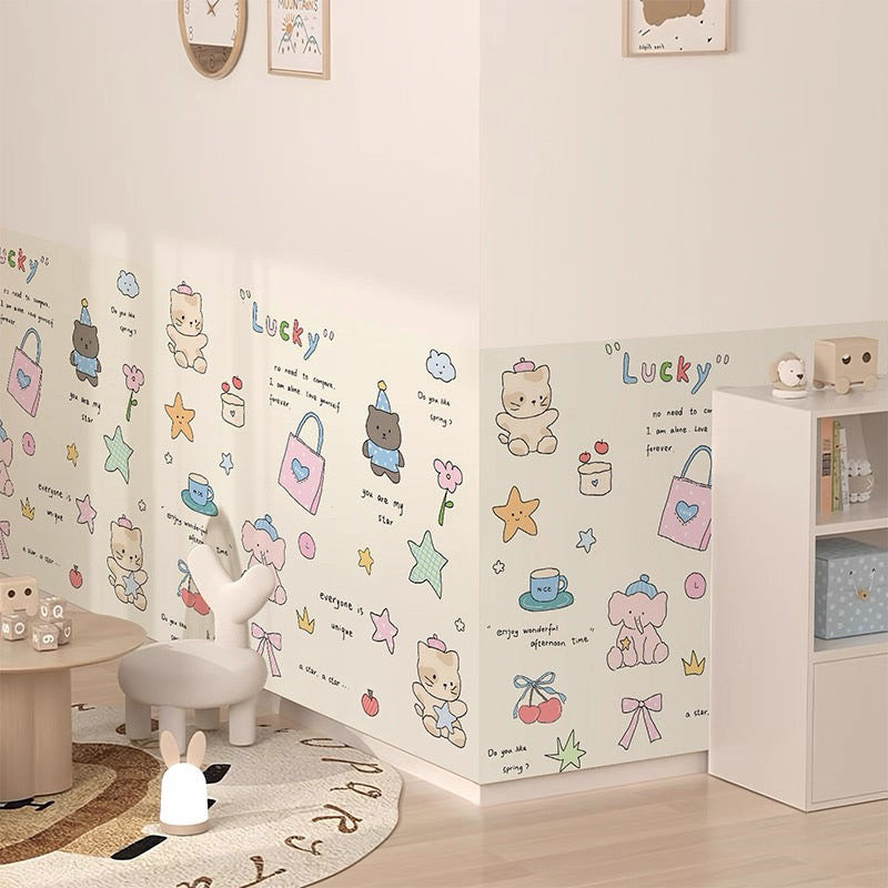 Foxmas  Self Adhesive Wallpaper, Cute Cartoon Bear Elephant Cat Peel and Stick Wallpaper, Removable Pastel Animal Wall Mural for Kids Nursery Bedroom Wall Decor, Waterproof Wall Covering
