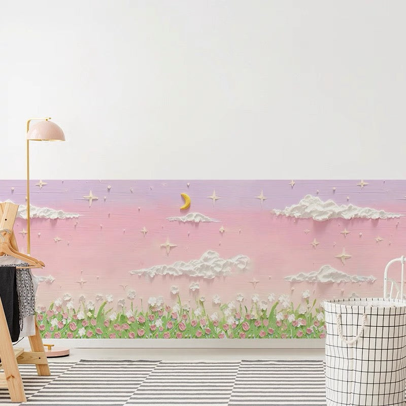 Goideal  Peel and Stick Wallpaper, 3D Oil Painting Pink Purple Sky Moon Star Cloud Tulip Floral Self Adhesive Wall Mural, Removable Pastel Landscape Wall Covering for Girls Bedroom Nursery Decor