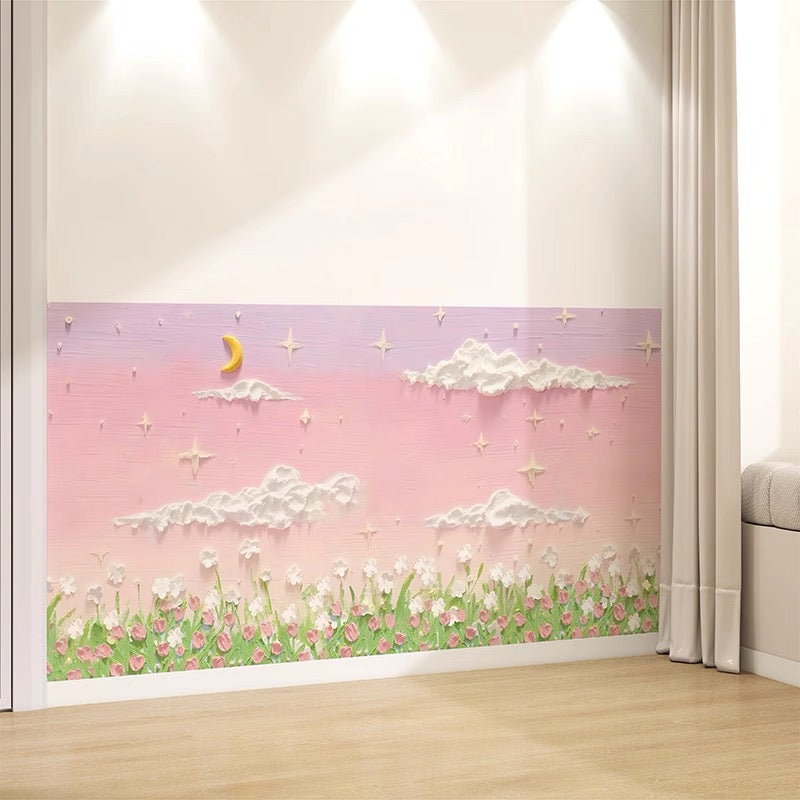 Goideal  Peel and Stick Wallpaper, 3D Oil Painting Pink Purple Sky Moon Star Cloud Tulip Floral Self Adhesive Wall Mural, Removable Pastel Landscape Wall Covering for Girls Bedroom Nursery Decor
