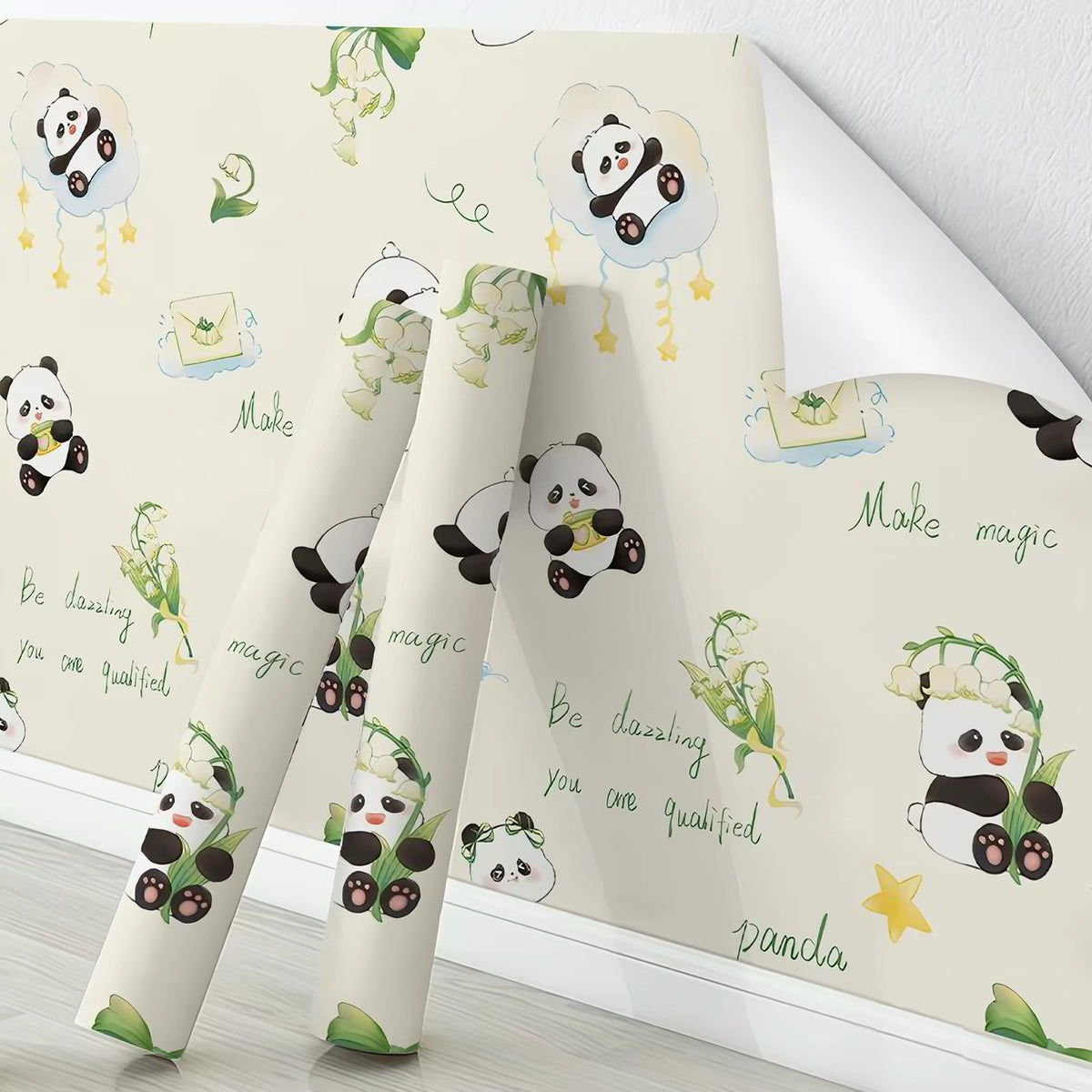 Quenlife  Peel and Stick Wallpaper, Cute Cartoon Panda & Lily of the Valley Self Adhesive Wall Mural, Removable Cream Background Floral Animal Wall Covering for Kids Nursery Bedroom Decor