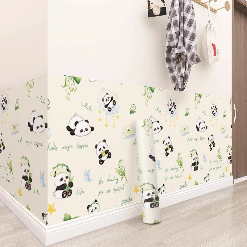 Quenlife  Peel and Stick Wallpaper, Cute Cartoon Panda & Lily of the Valley Self Adhesive Wall Mural, Removable Cream Background Floral Animal Wall Covering for Kids Nursery Bedroom Decor
