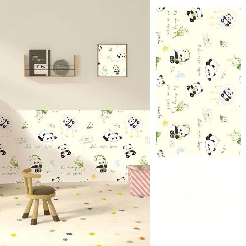 Quenlife  Peel and Stick Wallpaper, Cute Cartoon Panda & Lily of the Valley Self Adhesive Wall Mural, Removable Cream Background Floral Animal Wall Covering for Kids Nursery Bedroom Decor