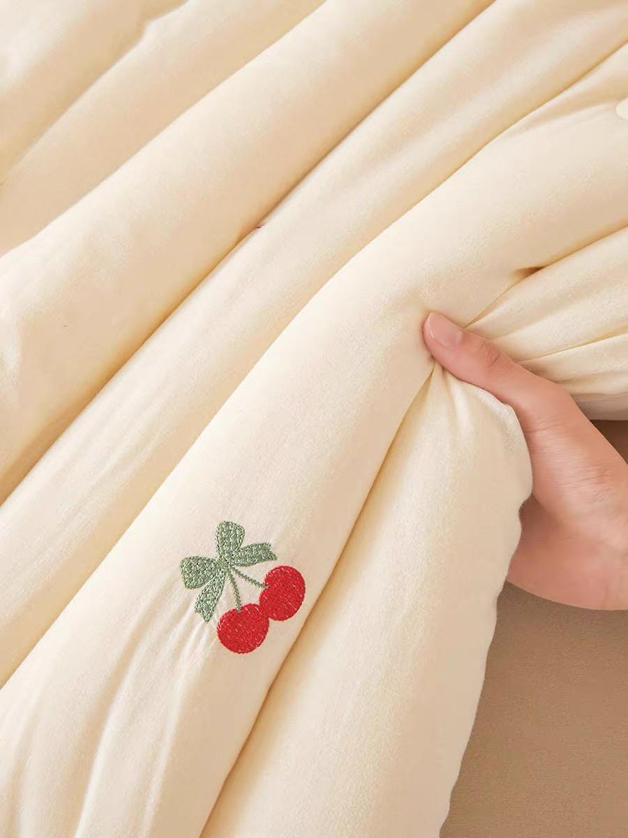 DETUM  Cute Cherry Embroidered Comforter, Soft Lightweight Fluffy Bedding Comforter, Cream White Solid Quilt for Bedroom All Season Use