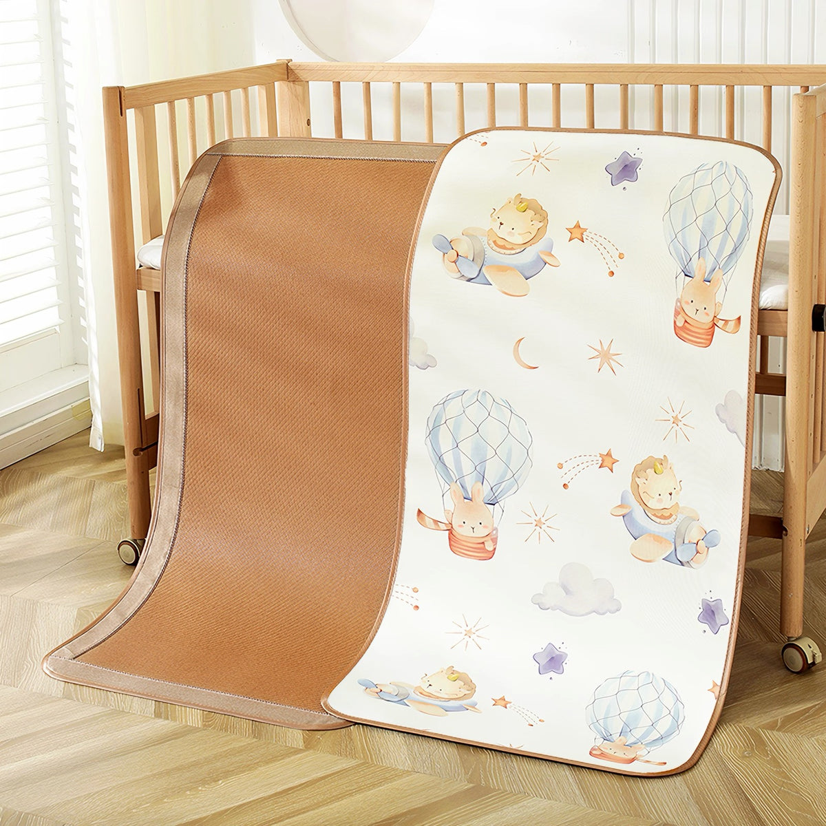 Foxmas  Baby Summer Cooling Mat 50×100cm, Breathable Infant Crib Mat with Cute Cartoon Dragon & Rabbit Hot Air Balloon Pattern, Reversible Toddler Sleeping Mat for Baby Crib