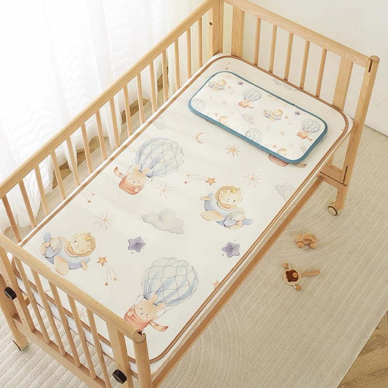 Foxmas  Baby Summer Cooling Mat 50×100cm, Breathable Infant Crib Mat with Cute Cartoon Dragon & Rabbit Hot Air Balloon Pattern, Reversible Toddler Sleeping Mat for Baby Crib