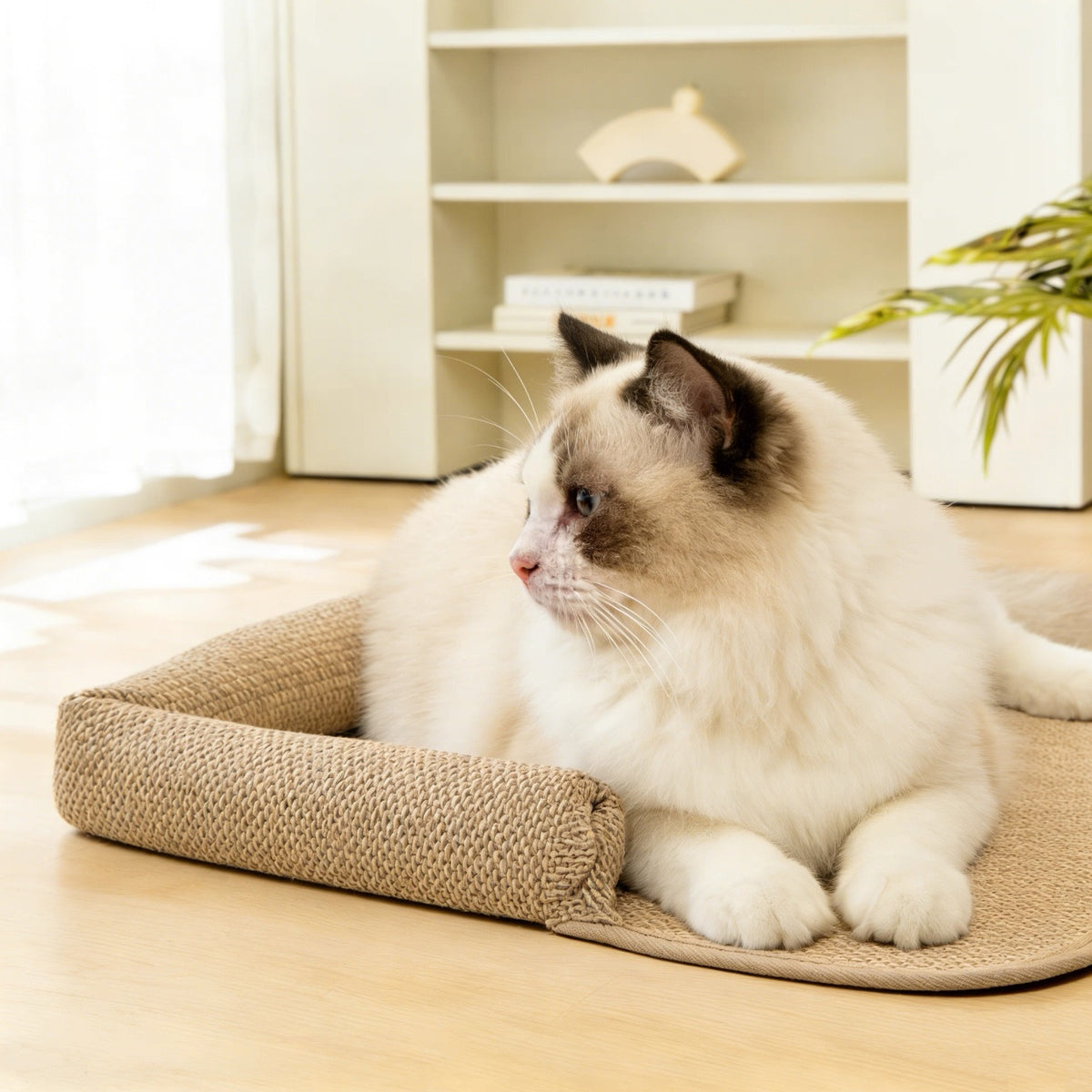Foxmas  Jute Cat Bed Mat with Raised Bolster, Wear Resistant Sisal Texture Cat Sleeping Pad, Non Slip Cooling Cat Mat for Indoor Cats, Scratch Resistant Pet Mat