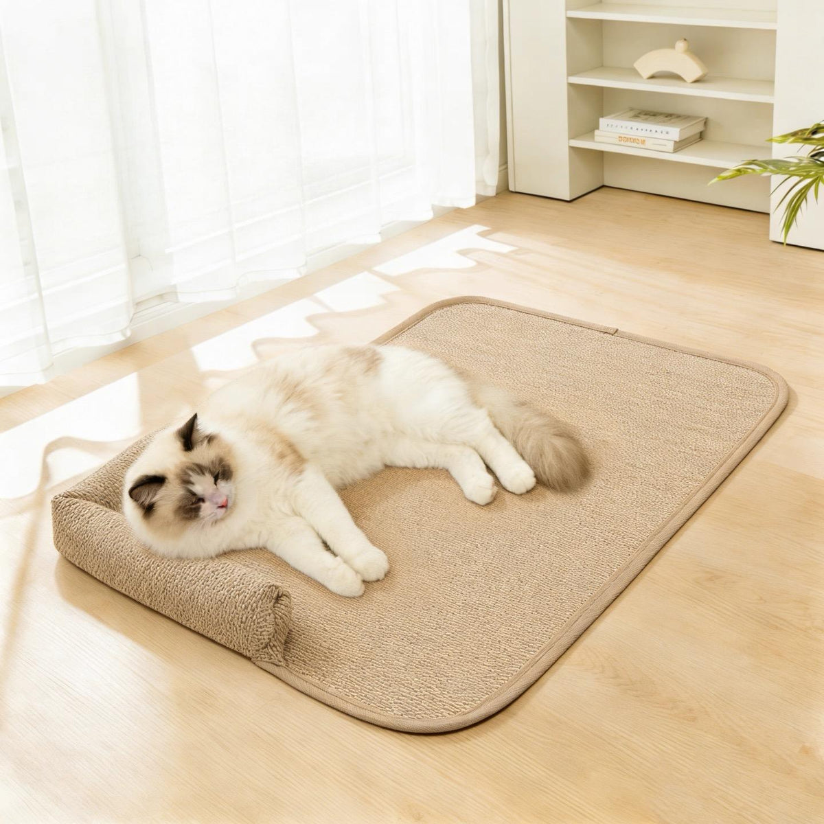 Foxmas  Jute Cat Bed Mat with Raised Bolster, Wear Resistant Sisal Texture Cat Sleeping Pad, Non Slip Cooling Cat Mat for Indoor Cats, Scratch Resistant Pet Mat