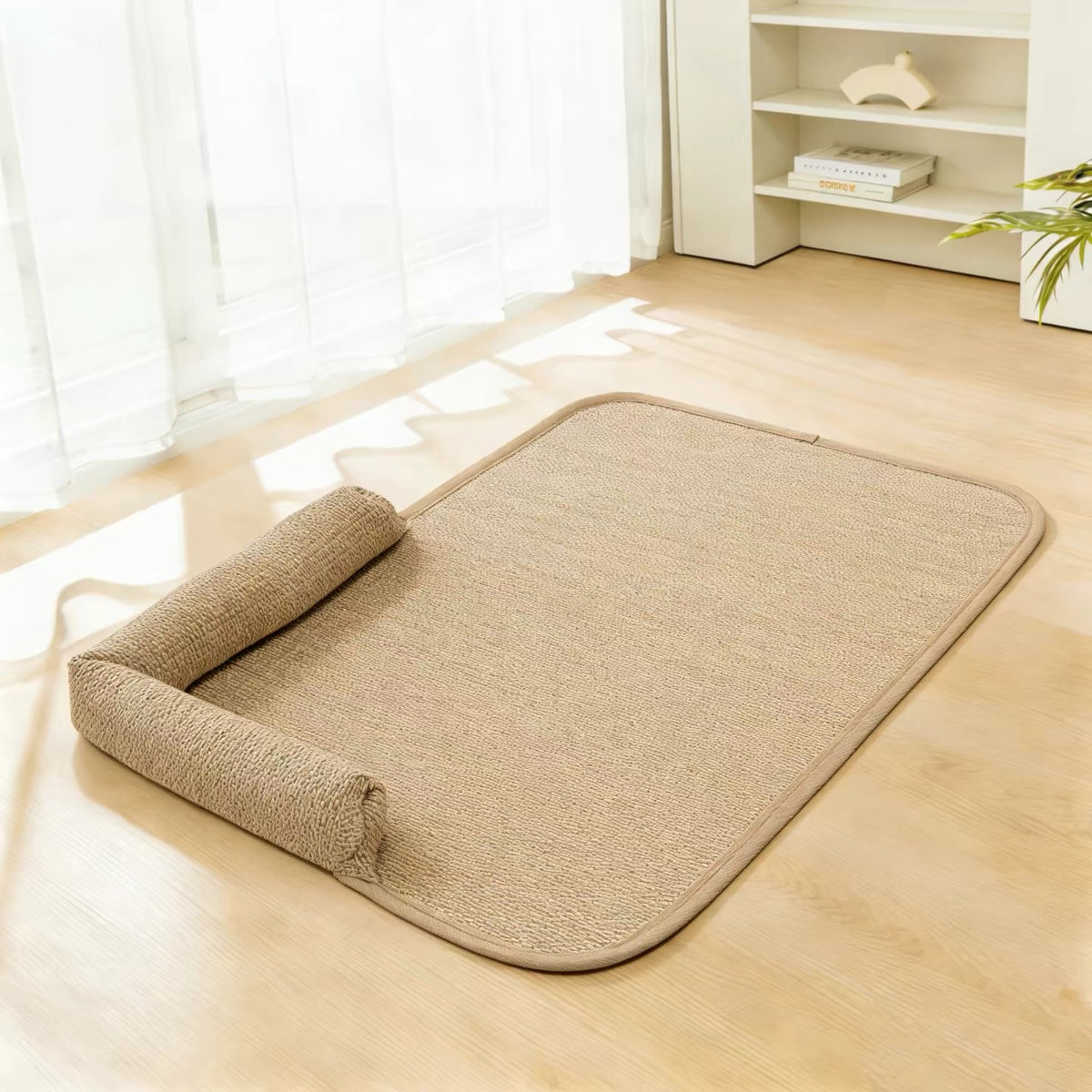 Foxmas  Jute Cat Bed Mat with Raised Bolster, Wear Resistant Sisal Texture Cat Sleeping Pad, Non Slip Cooling Cat Mat for Indoor Cats, Scratch Resistant Pet Mat