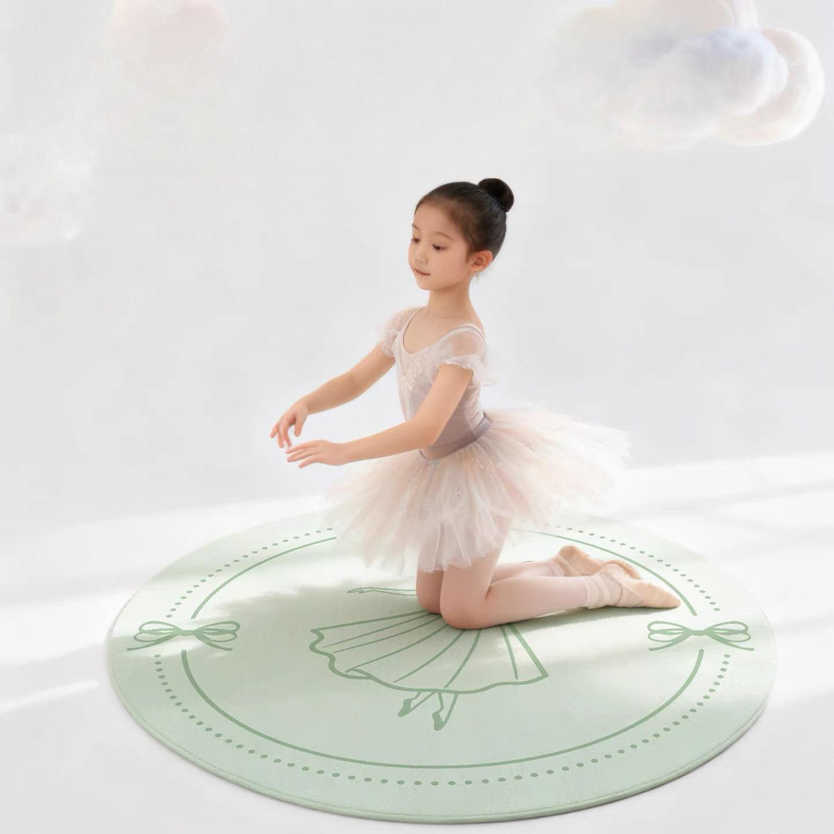 Foxmas  Matcha Green Round TPE Yoga Mat 80×80cm, 6mm Thick Non Slip Exercise Mat, Eco Friendly Kids Dance Mat with Ballerina & Bow Print for Ballet, Stretching, Home Workout