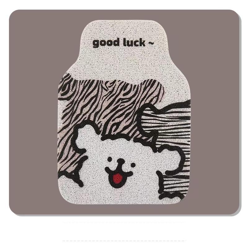 Foxmas  Single Car Floor Mat, Cute Cartoon Bear with Good Luck Print Wire Loop Auto Foot Mat, Universal Fit Non-Slip Car Interior Rug, Dirt Water Trapping Car Floor Liner for Car Truck SUV