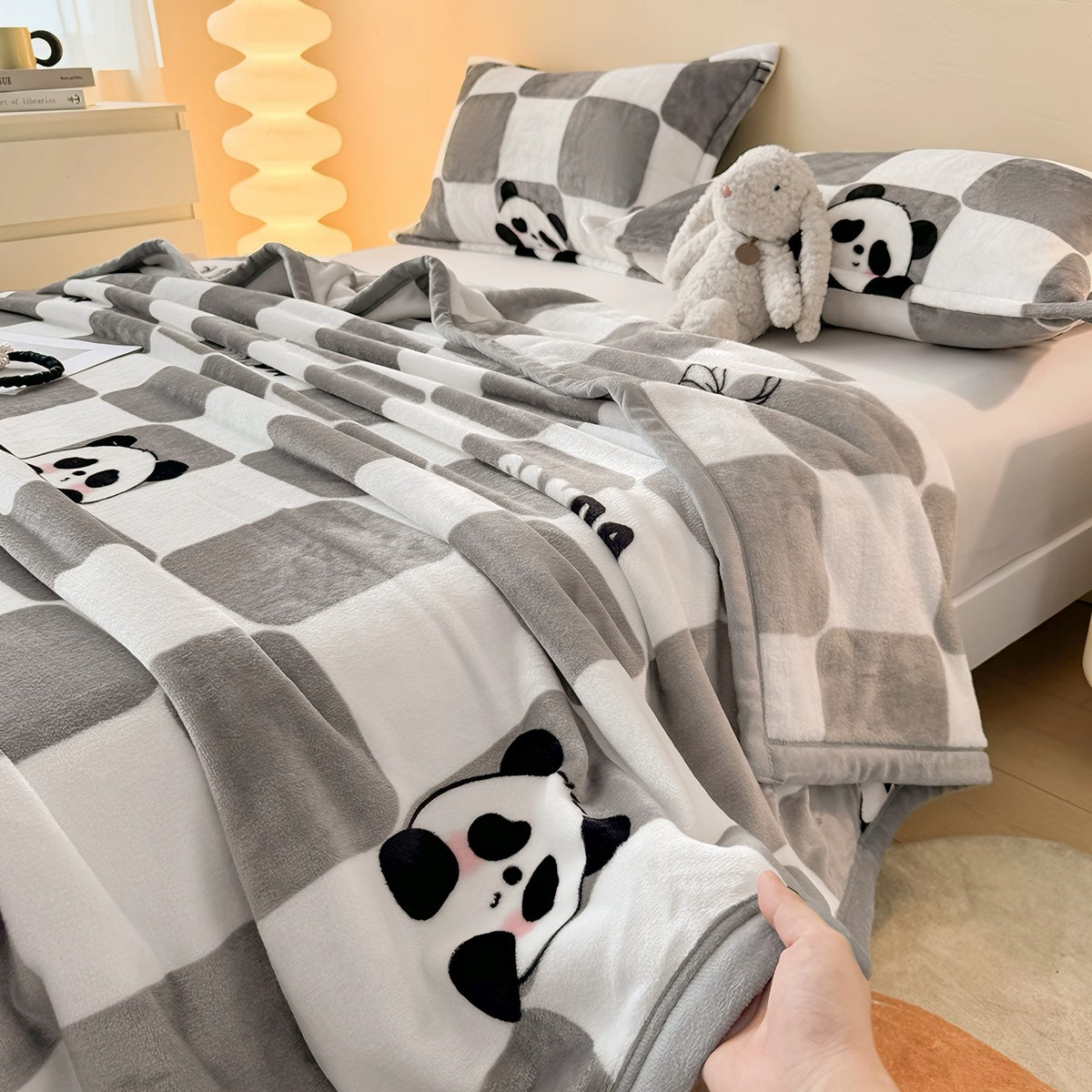 Goideal  Cute Panda Checkerboard Milk Fleece Throw Blanket, Soft Double Sided Flannel Blanket, Lightweight Cozy Bed Blanket for Sofa Couch Bedroom