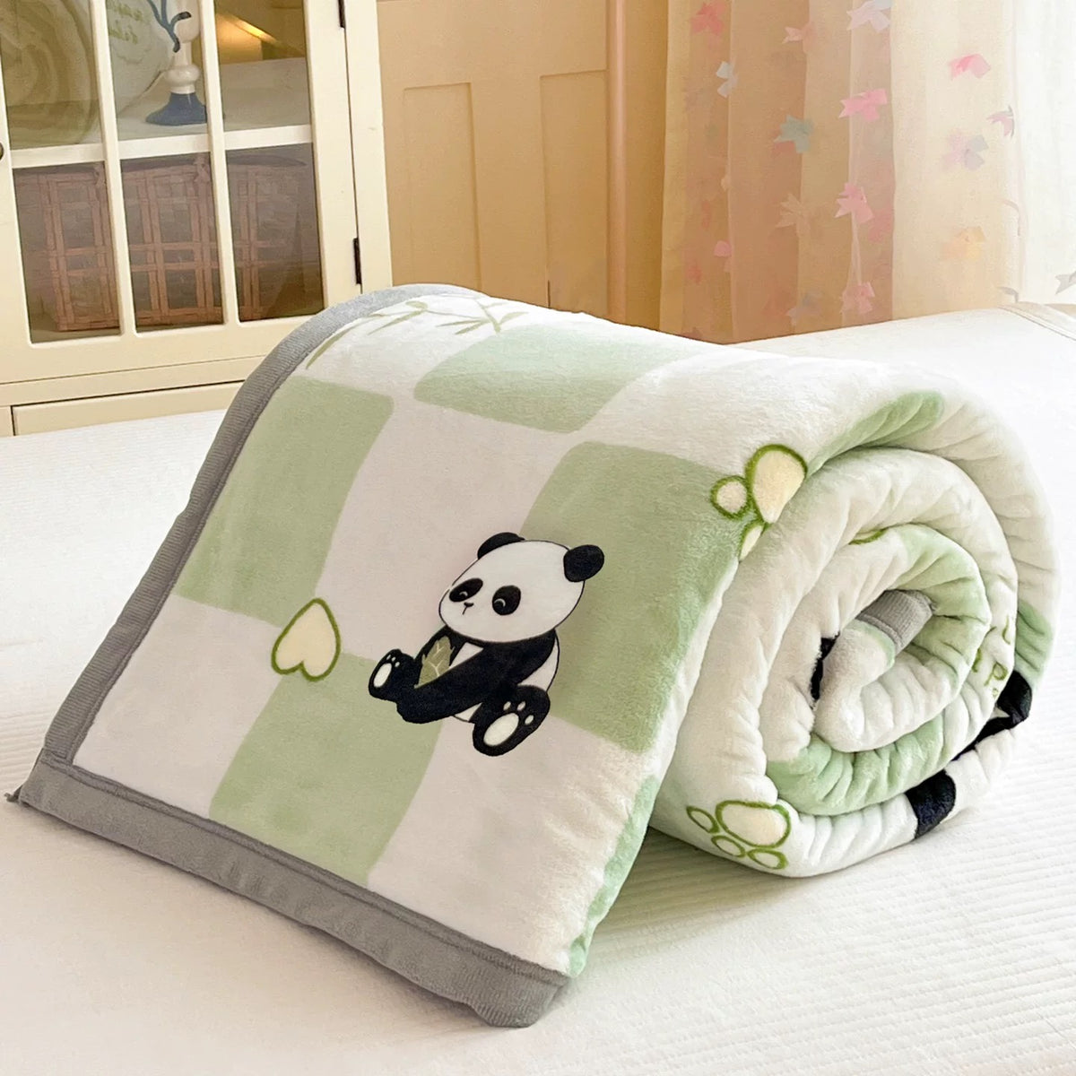 DETUM  Cute Panda Garden Checkerboard Milk Fleece Throw Blanket, Double Sided Soft Flannel Blanket, Cozy Lightweight Bed Blanket for Sofa Bedroom