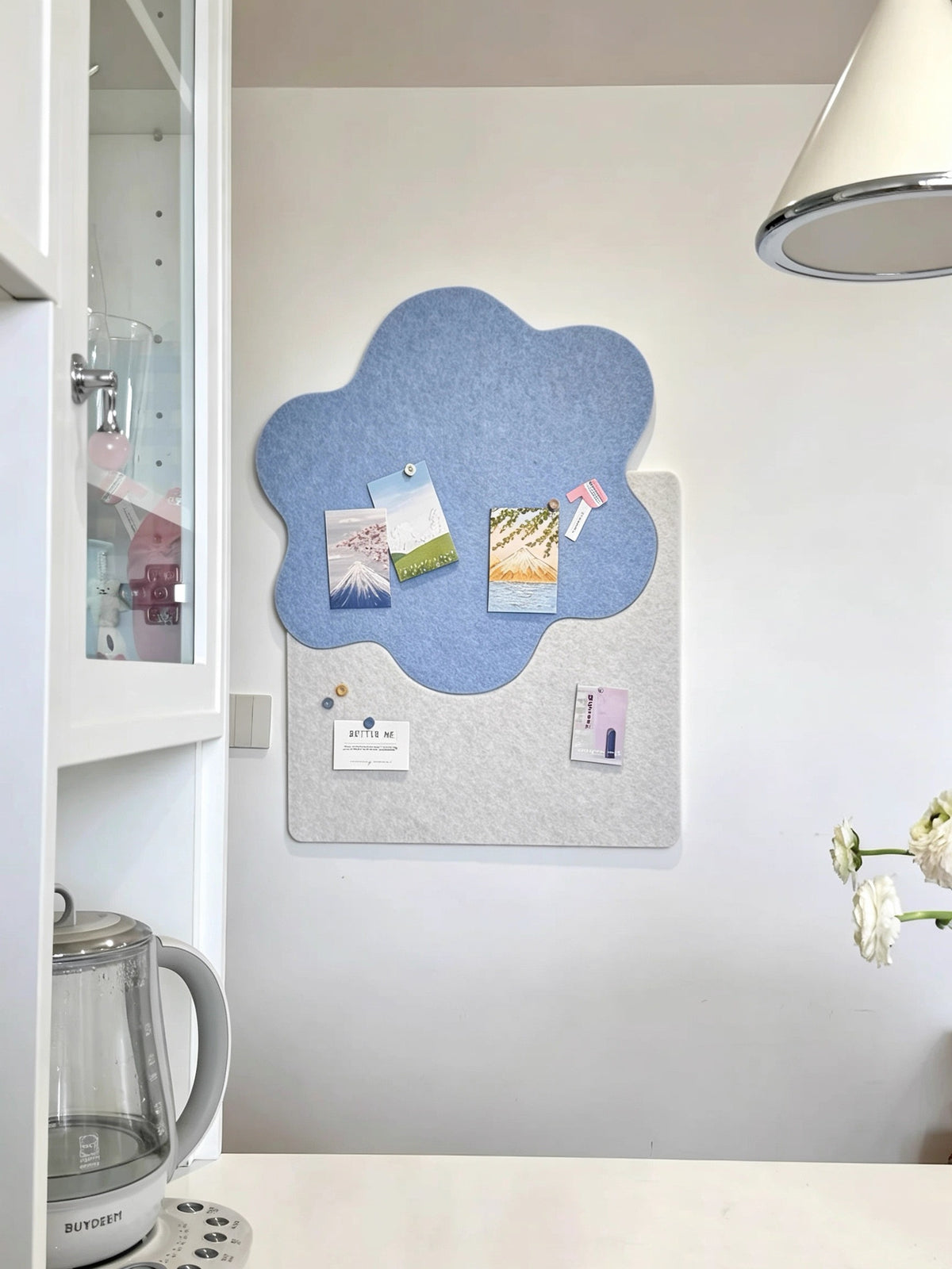 DETUM  2Pcs Felt Bulletin Board Set, Blue Cloud Shaped & Light Gray Rectangle Wall Mount Pin Board, Decorative Photo Memo Display Board for Bedroom Dorm Office Wall Decor