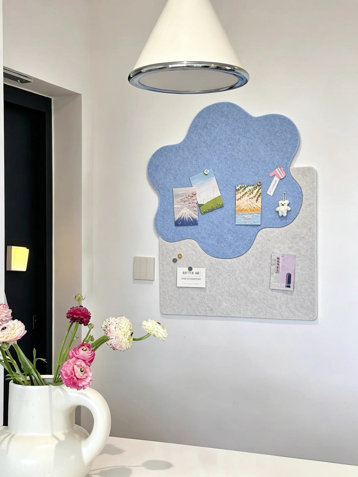 DETUM  2Pcs Felt Bulletin Board Set, Blue Cloud Shaped & Light Gray Rectangle Wall Mount Pin Board, Decorative Photo Memo Display Board for Bedroom Dorm Office Wall Decor