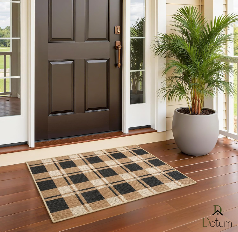 D DETUM Small Checkered Entry Rug, 2x3 Jute Rug Front Door Mat, Washable Non Slip Area Rug,Farmhouse Design Neutral Geometric Low Pile Rugs for Floor Carpet Entryway Porch Doorway, Black and Brown
