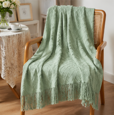 Comeet Sage Green Throw Blanket, Soft Lightweight Diamond Woven Blanket with Tassels, Decorative Boho Throw for Couch, Bed, Living Room, All Season Cozy Blanket for Home & Gifts