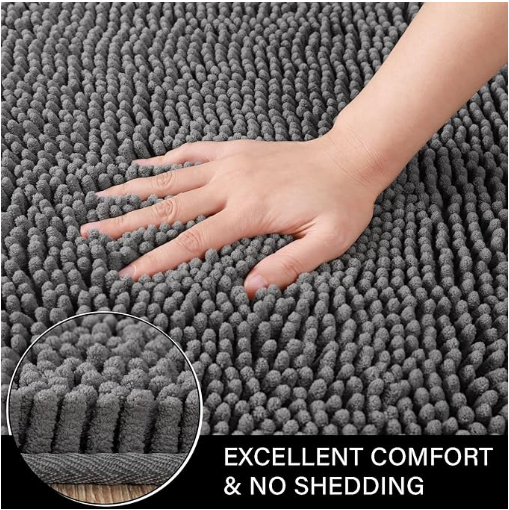 Quenlife Luxury Bathroom Rug Shaggy Bath Mat 24 x 17 Inch, Gray Washable Non Slip Bath Rugs for Bathroom Shower, Soft Plush Chenille Absorbent Carpets