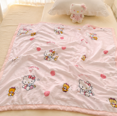 Foxmas Hello Kitty Summer Cooling Comforter, Lightweight Breathable Air Conditioner Quilt, Soft Washed Microfiber Bed Blanket, Cute Strawberry Print Kids Comforter, Pink Thin Quilt for Bedroom Couch Napping, Machine Washable
