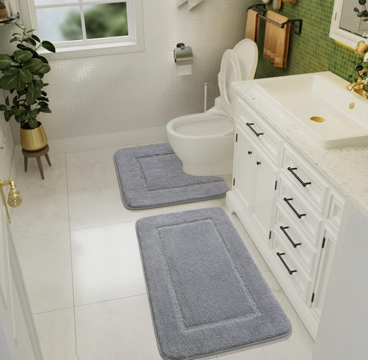 CIRLOVE Bathroom Rug Set 2 Piece, 20"x20" & 34"x21", Light Grey Non Slip U-Shaped Toilet Rugs Set, Soft Microfiber Bath Mat, Absorbent Washable Quickly Dry